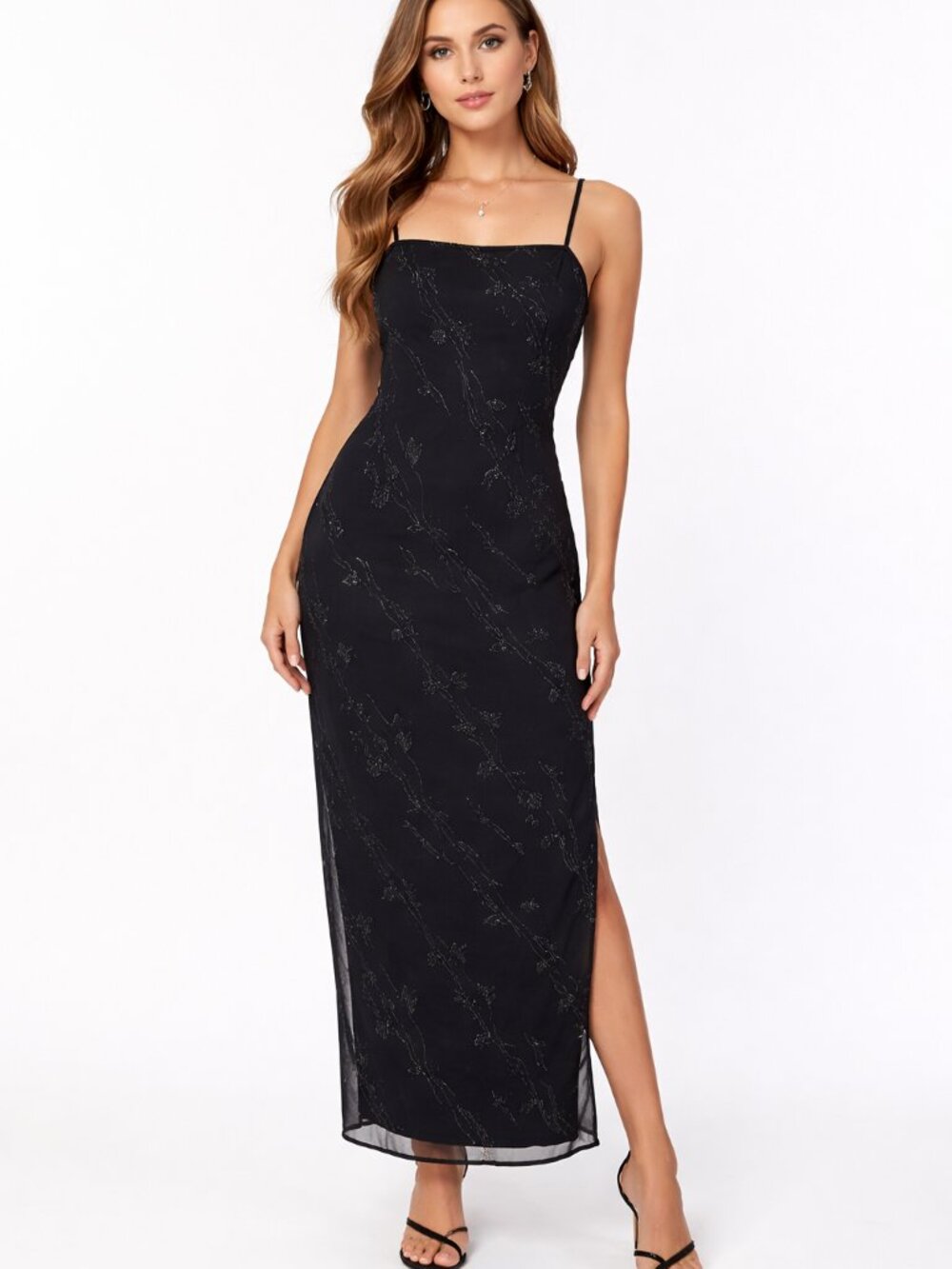 RAMPAGE Vintage Maxi Slip Dress 90s Overlay Bodycon Black Silver Women's Medium